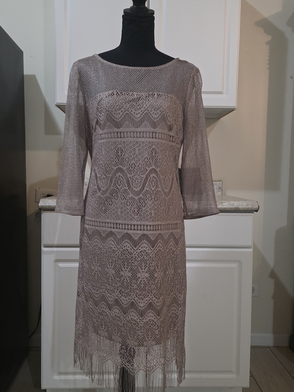 Women's Taupe Crochet Lace Midi Dress with Fringe